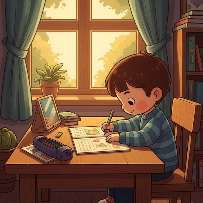 A tidy wooden desk by a window with a child sitting straight, pencil in hand, working through a colorful worksheet with a focused expression