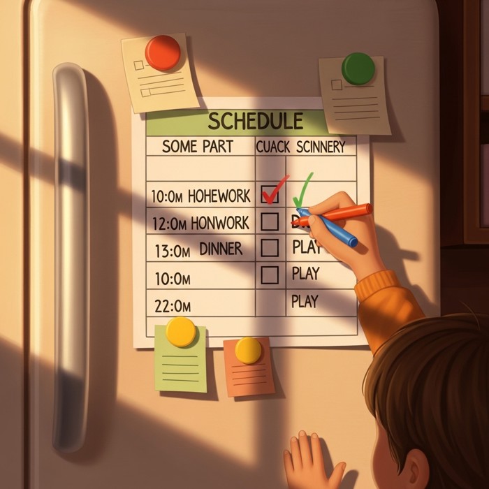 A colorful schedule chart on a refrigerator showing times for homework, dinner, and play, with a child checking it off with a bright marker