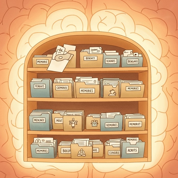 A neatly organized illustrated bookshelf inside a glowing brain, with labeled folders of memories sliding smoothly into place on the shelves