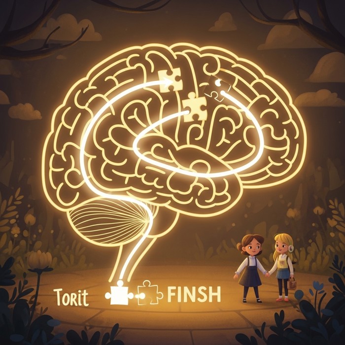 An illustrated maze inside a glowing brain outline, with a bright pathway lighting up clearly from start to finish as puzzle pieces click into place