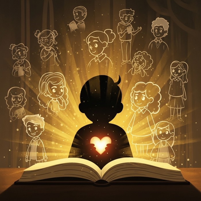 A reader's silhouette with a warm glowing heart, surrounded by faint outlines of different people whose lives are reflected in the open book before them