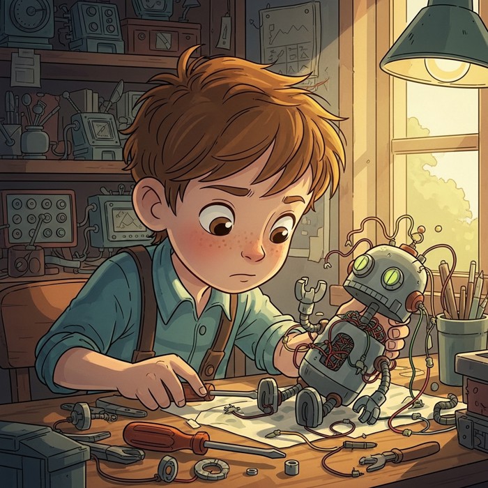 A young inventor examining the failed wiring of a small broken robot on a workbench closely before reaching for a screwdriver to try again