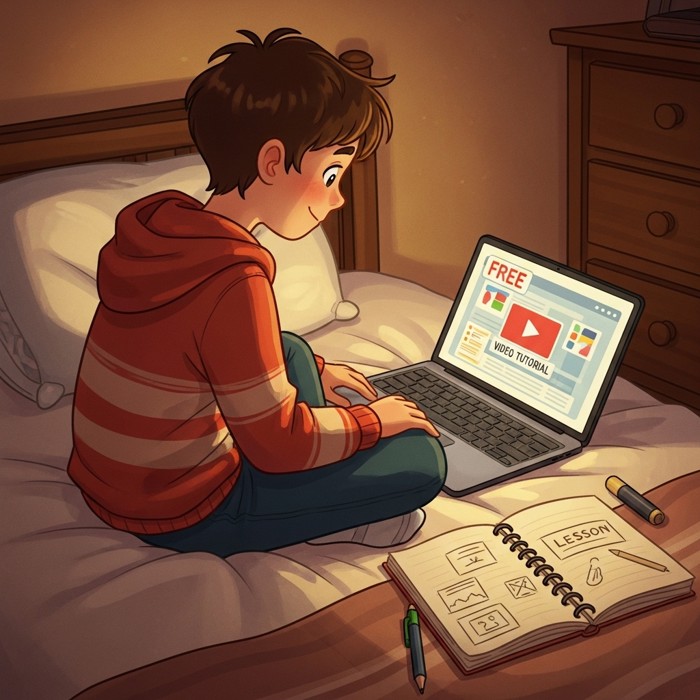 A teenager sitting cross-legged on a bed, laptop open to a free video tutorial, a notebook nearby filled with notes from the lesson