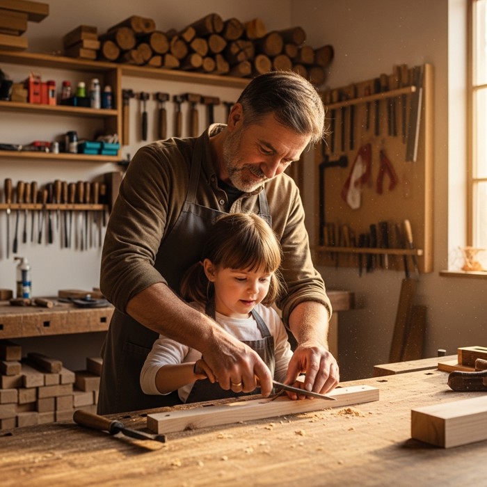 An experienced craftsman showing a young apprentice how to use a woodworking tool in a workshop, guiding their hands with patient attention