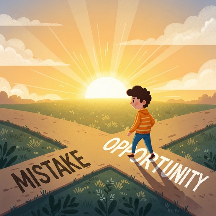 A confident young adult standing at a crossroads with one path labeled 'mistake' and the other 'opportunity,' choosing the second path under a bright sunrise sky