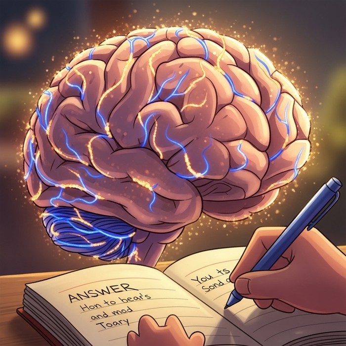 A close-up of a human brain illustrated in vivid blue and gold neural pathways lighting up as a person writes the correct answer in a notebook