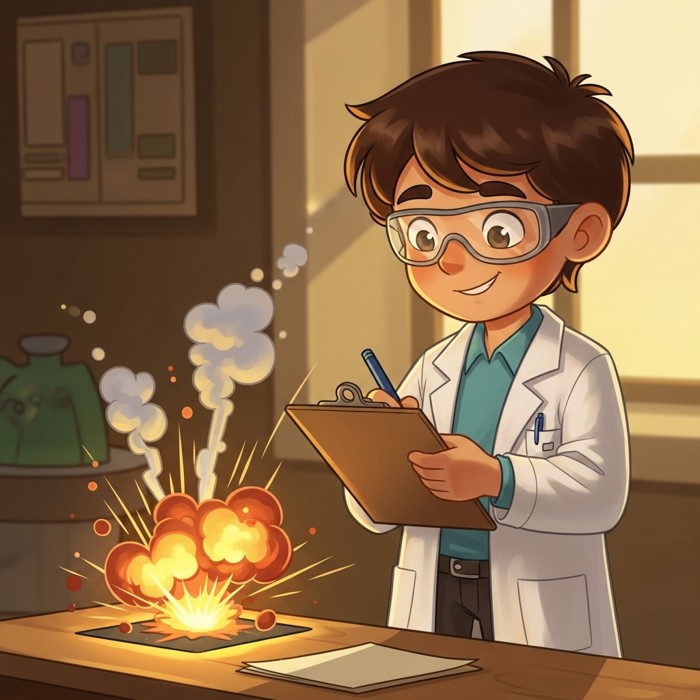 A determined young scientist in a lab coat standing beside a small explosion of colorful smoke from a failed experiment, smiling and writing notes on a clipboard
