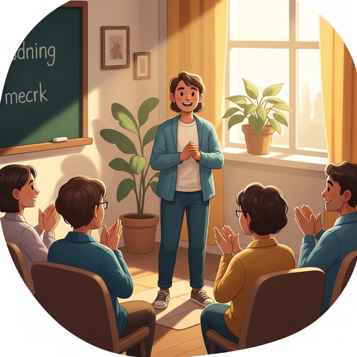 A learner standing proudly after giving a short speech in a foreign language to a small applauding audience, beaming with newfound self-assurance
