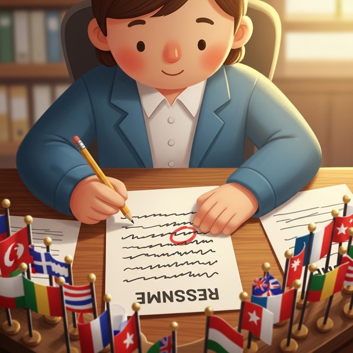 A hiring manager reviewing resumes at a desk covered with small flags of different countries, circling the line that lists multiple languages spoken