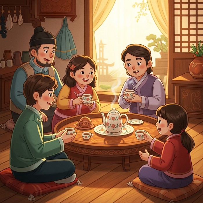 A person sitting cross-legged at a low table sharing tea with a host family in traditional dress, both smiling warmly while conversing in a foreign language