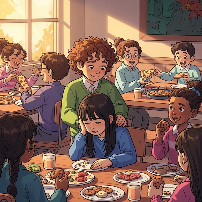 A group of students from different backgrounds sitting together at a lunch table, sharing food and laughing, one comforting a friend who looks upset