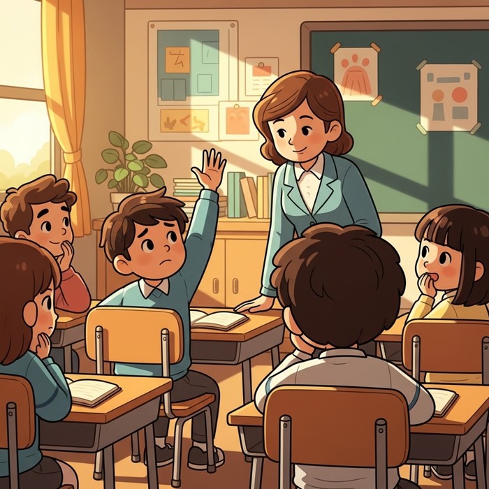 A student raising a hand with a hesitant but hopeful smile while the teacher nods encouragingly, classmates listening supportively nearby in a bright classroom