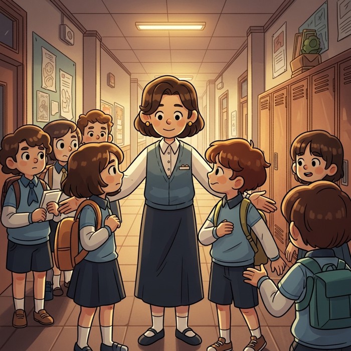 A principal calmly stepping in to resolve a tense moment between two students in a hallway, while nearby students look relieved and reassured