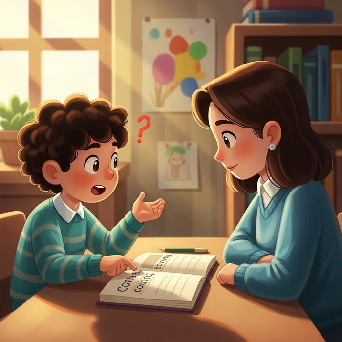 A student and teacher sitting face to face with an open notebook between them, the student pointing at a comment and asking a question with curious energy