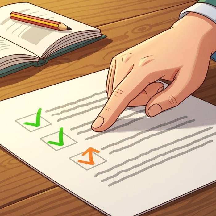 A teacher's hand highlighting two sections on a graded essay, one marked with a green checkmark for strengths and one with an orange arrow for improvement