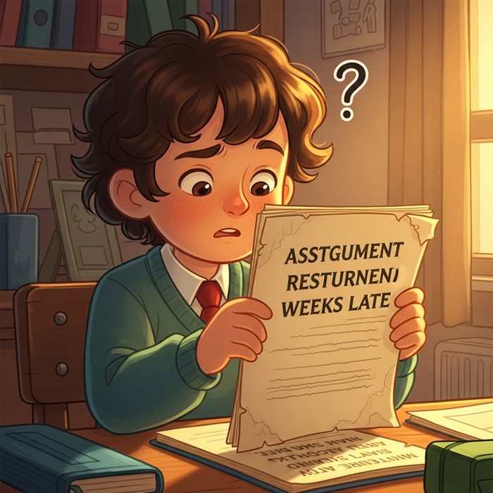 A student flipping through an old, dusty assignment returned weeks late, looking confused while trying to recall what the task had even been about