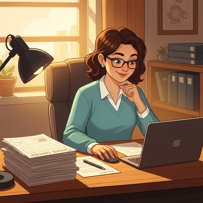 A teacher thoughtfully selecting and designing a single meaningful assignment on a laptop, a stack of unnecessary worksheets pushed aside, clean organized desk, warm office lighting