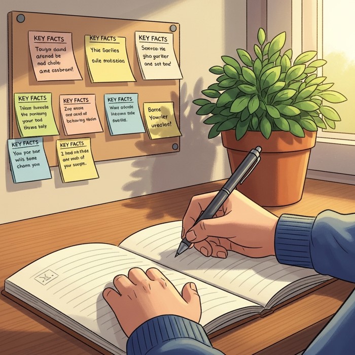 A close-up of a student's hand writing neatly in a lined notebook, colorful sticky notes with key facts posted on the wall behind, a small plant on the desk, morning sunlight streaming through a window