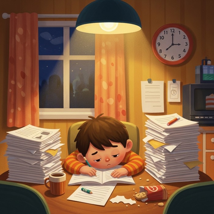 A young child slumped over a large pile of homework papers at a kitchen table, tired expression, a half-eaten snack pushed aside, clock on the wall showing late evening, dim overhead light
