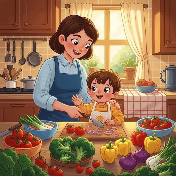 A parent and child cooking a colorful, healthy meal together in a bright kitchen, fresh vegetables spread across the counter