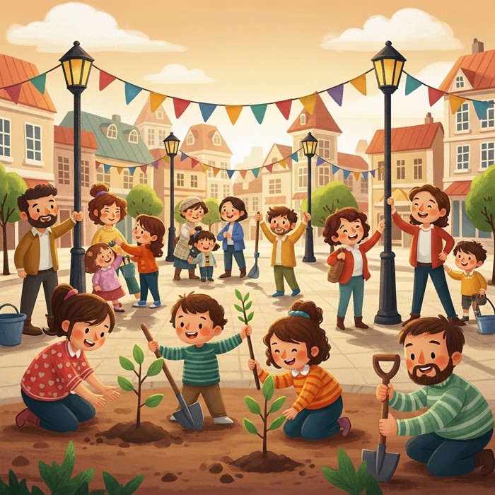 A lively town square where neighbors of all ages plant trees, hang banners, and laugh together under a sunny afternoon sky