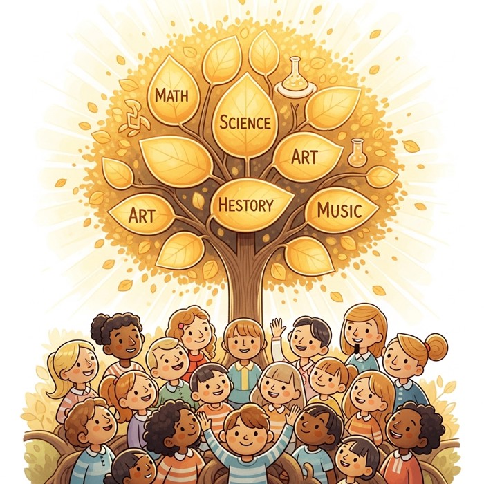 A radiant tree of knowledge with golden leaves, each leaf inscribed with a different subject, growing tall above a smiling community gathered at its roots