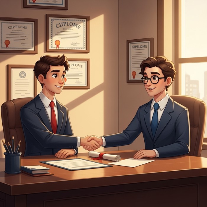A confident young professional in a crisp suit shaking hands with a hiring manager across a polished office desk, diplomas visible on the wall behind them
