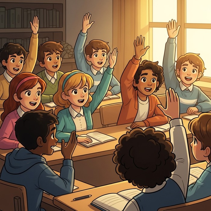 A vibrant classroom discussion where students of different backgrounds lean forward eagerly, hands raised, expressions engaged and animated