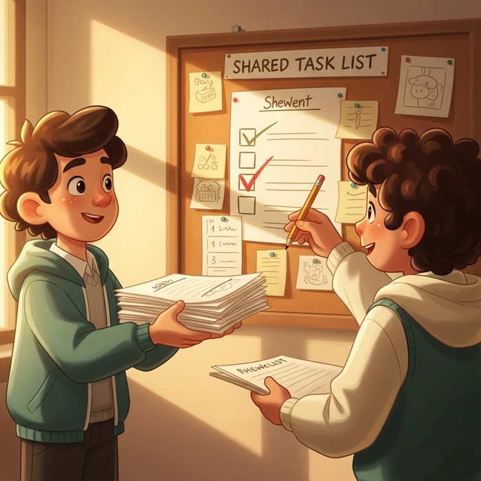 A student handing a completed assignment to a group member who checks it off a shared task list pinned to a corkboard