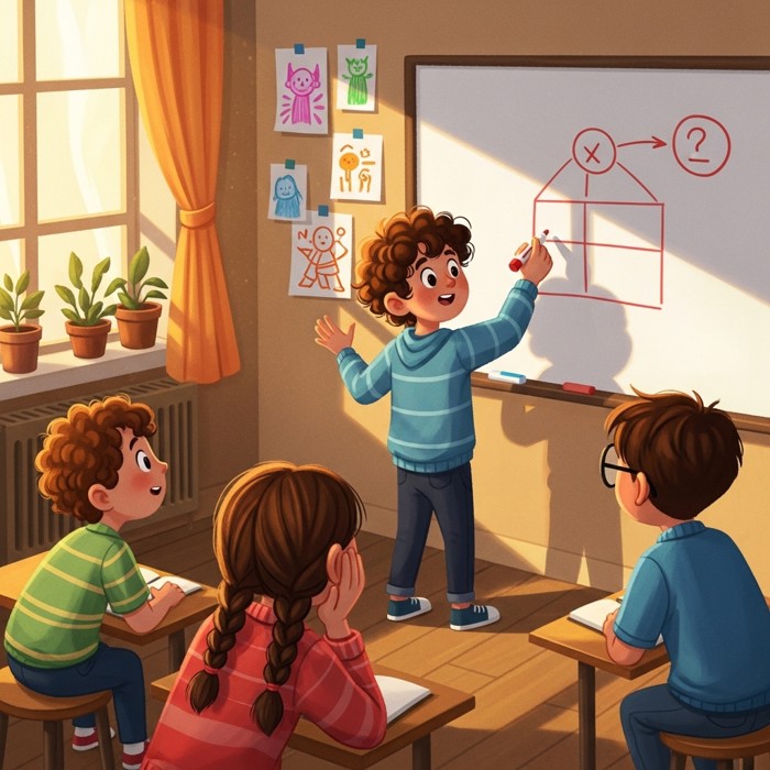 A student standing at a whiteboard drawing a simple diagram while three classmates watch attentively, one raising a hand to ask a question