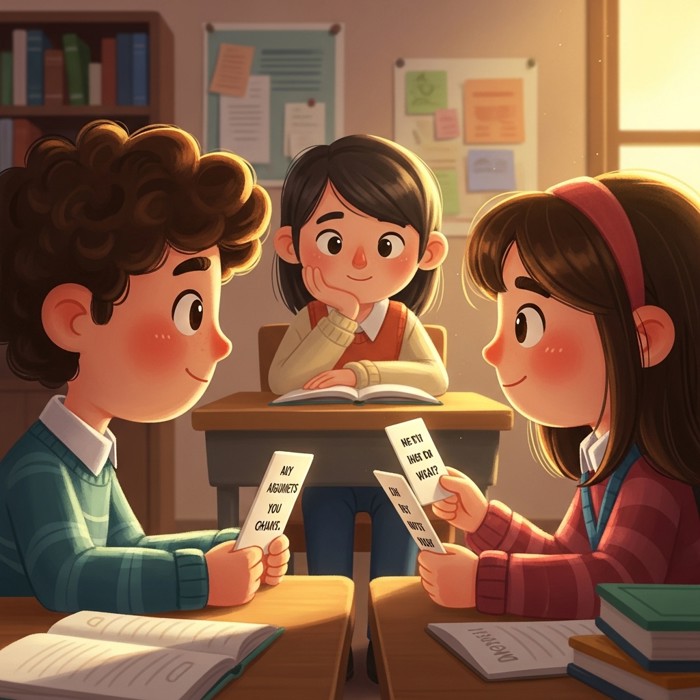 Two students facing each other with calm expressions, each holding a card with their argument written on it, a mediating classmate sitting between them