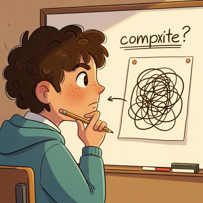 A student staring at a complex question written on the board, tapping a pencil against their chin, a tangled maze doodled beside the question