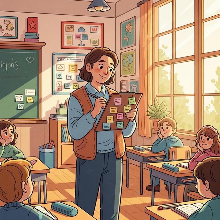 A teacher standing at the front of the class writing students' questions on a clipboard, scanning the room thoughtfully for patterns