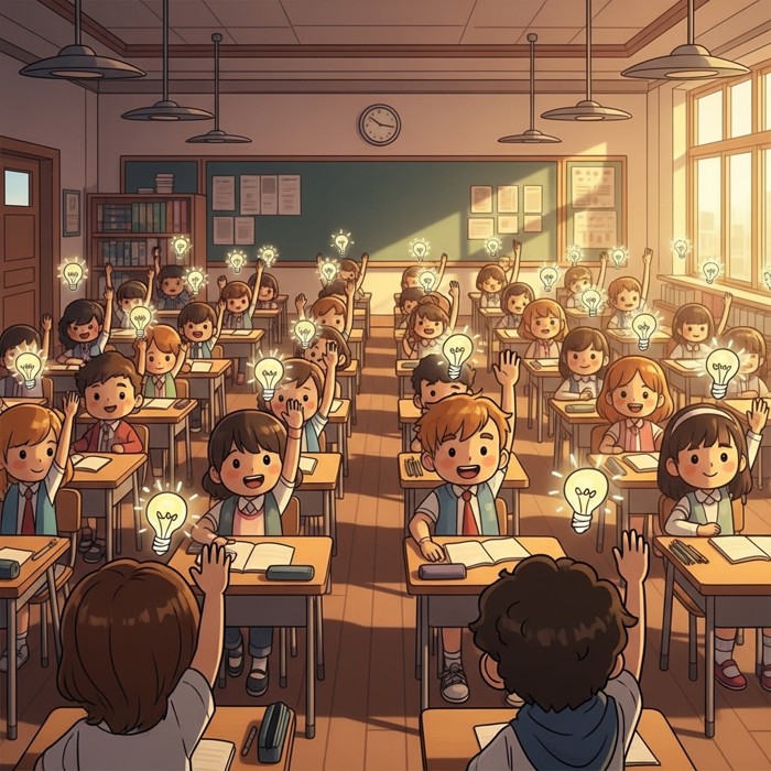 A wide shot of an entire classroom with many hands raised at once, small glowing lightbulbs doodled above each student's head symbolizing curious ideas