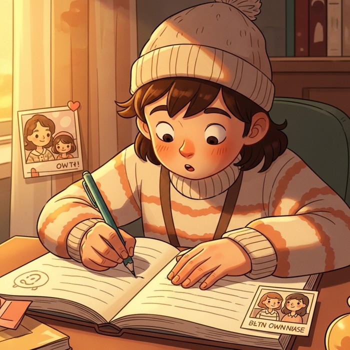 A student writing in a journal about a lesson, a small photo of their own family tucked into the corner of the page