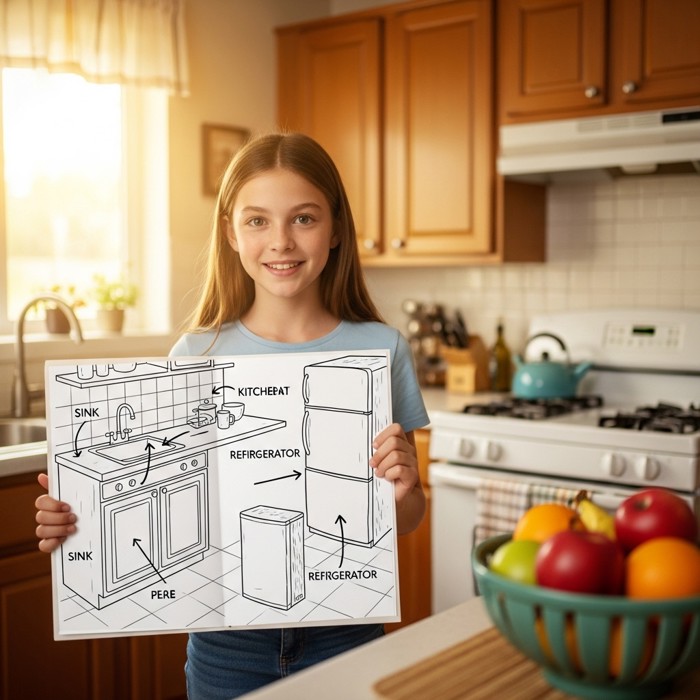 A student overlaying a textbook diagram onto a photo of their own family kitchen, seeing the classroom lesson connect directly to their own life
