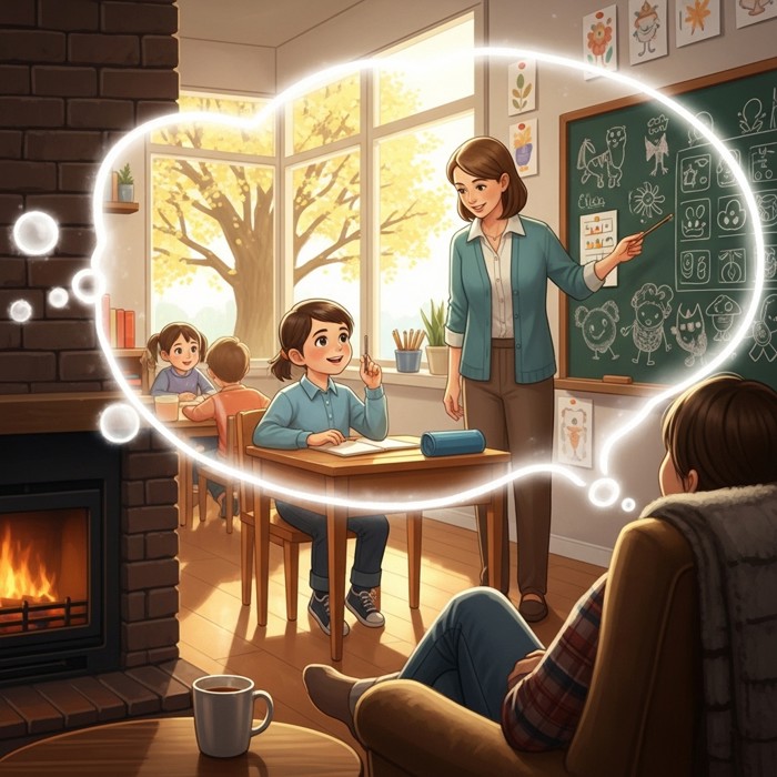 An adult years later recalling a childhood classroom story, a faint glowing memory cloud above their head showing their younger self and teacher