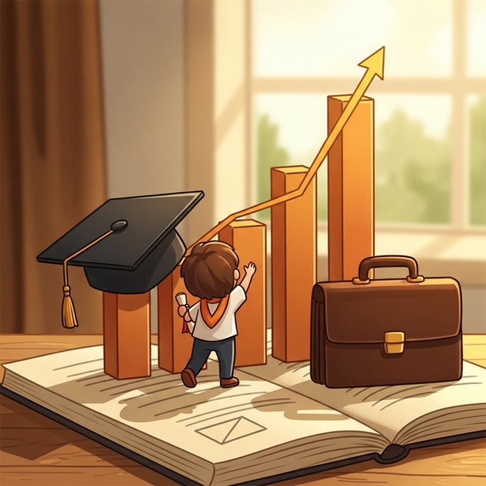 A bar chart rising beside a graduation cap and a briefcase, with a small figure of a student climbing the bars toward success