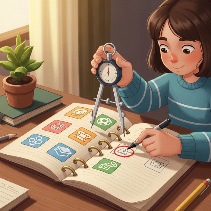 A student holding a compass over an open planner, deciding between several subject icons before circling one with a marker