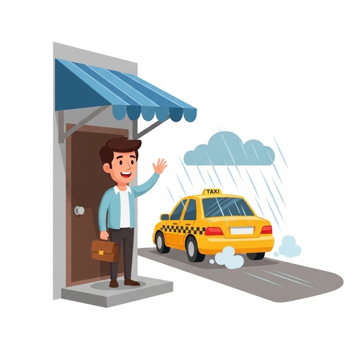 A cartoon passenger standing on a dry doorstep under an awning, smiling and waving goodbye to a yellow taxi driving away in the rain.