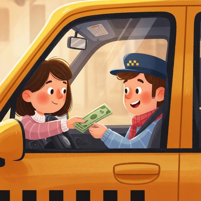 A cartoon passenger handing paper money to a smiling taxi driver through the front seat window, inside a cozy yellow cab.
