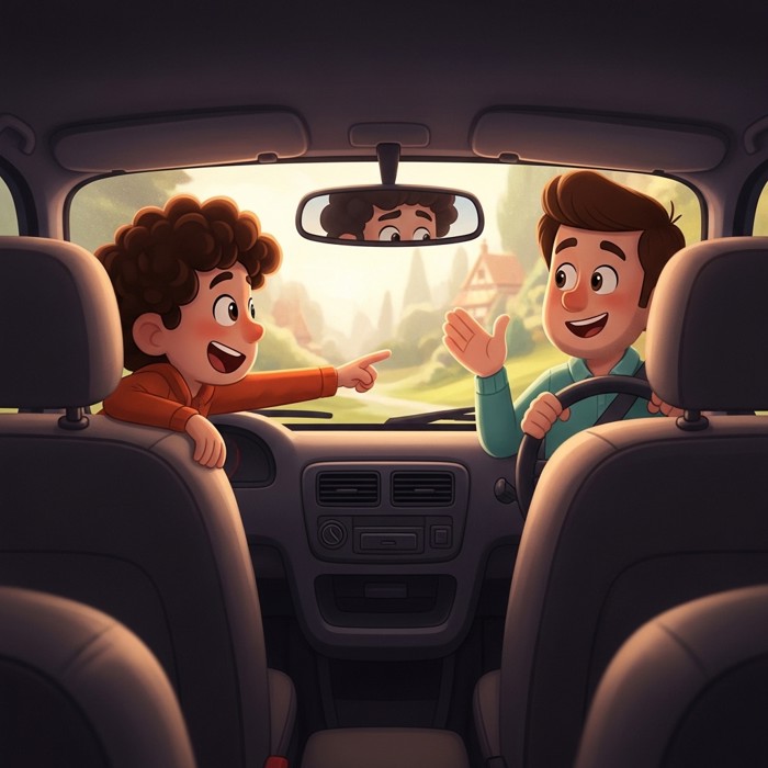 A cartoon passenger leaning forward in the back seat, pointing ahead and talking to a friendly driver who looks in the rearview mirror and nods.