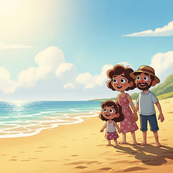 A cartoon family standing at the edge of a wide sandy beach in the afternoon sun, eyes wide with excitement, golden sand stretching ahead and sparkling blue water in the distance.