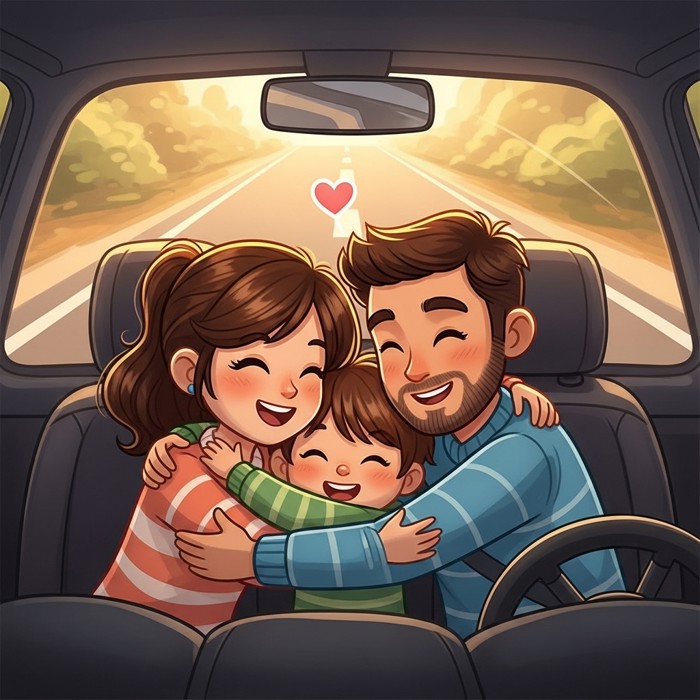 A cartoon child hugging mom and dad tightly inside the car, all three grinning broadly, a small heart floating above them, road stretching home in the background.