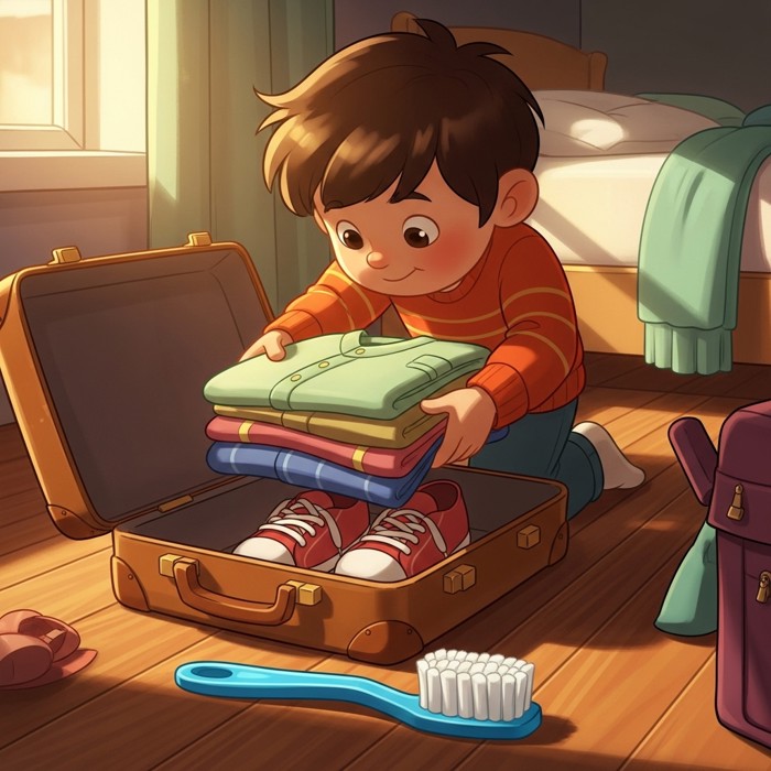 A cartoon child carefully placing folded clothes, a pair of sneakers, and a bright blue toothbrush into an open suitcase on a bedroom floor.