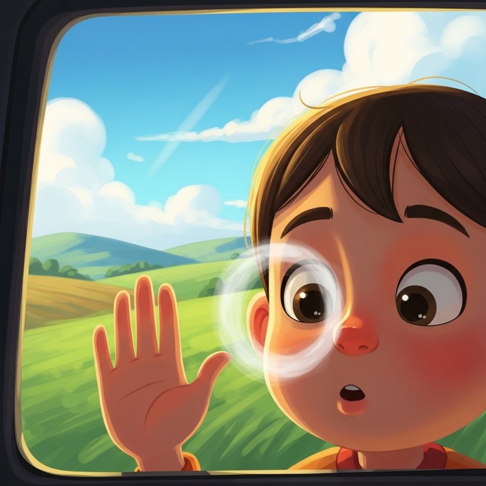 A cartoon child with wide, curious eyes pressing their face against a car window, watching green fields and rolling hills pass by under a blue sky.