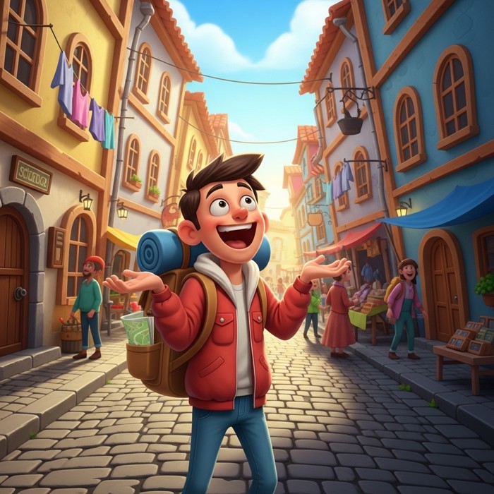 A cheerful cartoon traveler laughing and shrugging on an unfamiliar cobblestone street, colorful buildings all around, adventure in the air.