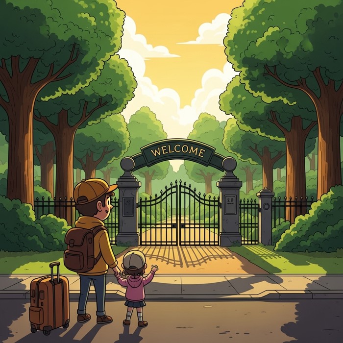 A cartoon traveler pausing on a sidewalk, gazing at a large green park entrance with tall trees and a welcoming iron gate.