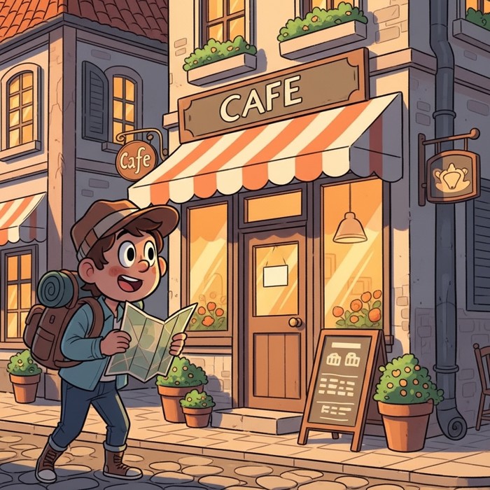 A small cozy cafe with a striped awning and potted flowers outside, a cartoon traveler spotting it with a delighted expression.