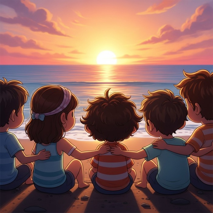 A group of cartoon children sitting together at the edge of the beach, looking out at a glowing orange and pink sunset over the calm ocean, smiling warmly.